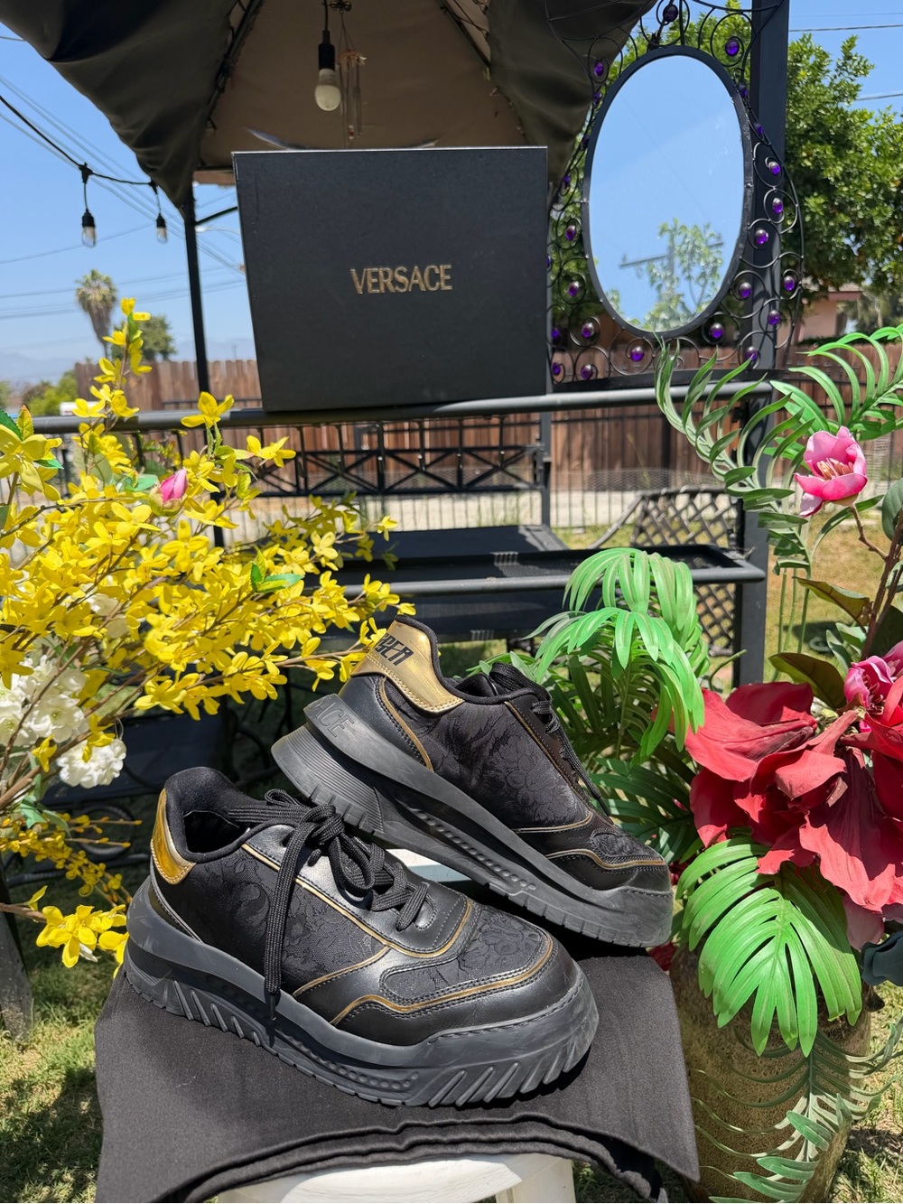 Versace Men’s Black and Gold Platform Sneakers